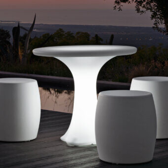 Exceptional MY YOUR Teddy table crafted in white synthetic material with uniformly matte finish and hourglass pedestal