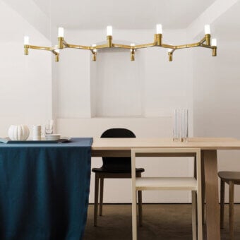 Exceptional Nemo Crown Plana suspension lamp crafted in Italy with warm gold brass-toned finish and geometric form