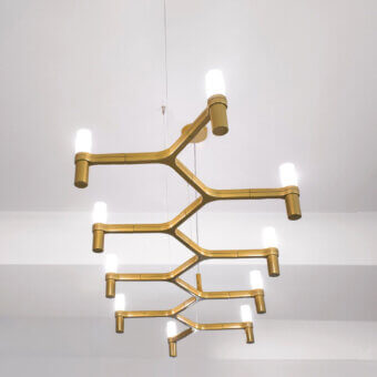 Distinguished Nemo Crown Plana suspension lamp crafted in Italy with a warm golden-yellow hue and satin metal finish