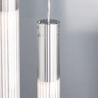 Elegant Nemo Lighting Ilium suspension lamp with transparent ribbed glass and aluminum built for warm white illumination