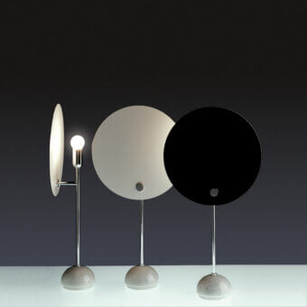 Superior Nemo Kuta table lamp with circular white shade and sleek polished chrome metal stem built with a gray spherical base