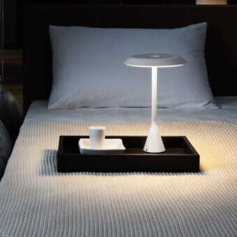 Distinguished Nemo Panama Mini table lamp with a slender silhouette crafted in durable methacrylate and matte white finish