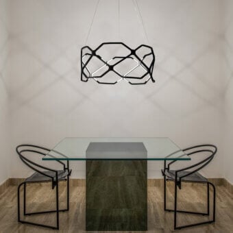 Exceptional Nemo Titia Minor suspension lamp in recycled polymer with a matte black finish and complex geometric form