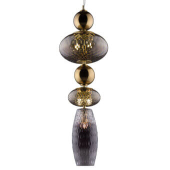 Distinguished Euroluce Harmony suspension lamp showcasing stacked borosilicate and blown glass spheres with mirrored brown and rosaline tones crafted by Tuscan artisans
