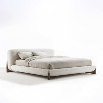 Exceptional Porada Softbay bed crafted in textured neutral beige fabric with distinctive solid Canaletta walnut wood end-feet