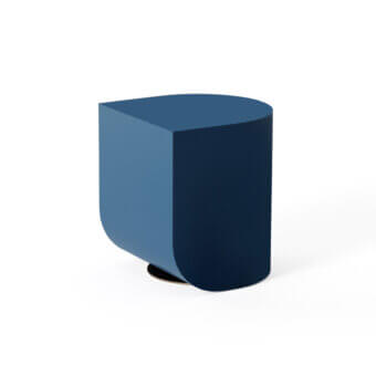Distinguished Shake Blend side table with curved form, navy blue veneer wood and varnished steel base offering lasting stability