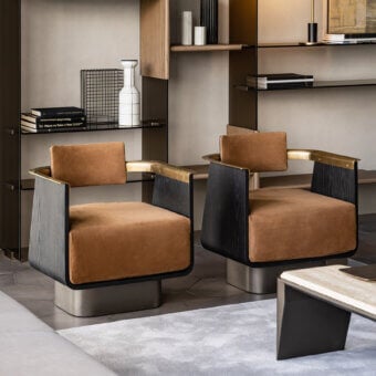 Elegant Shake Boston lounge chair with curved ash block board wood and reddish-brown textile upholstery in satin finish