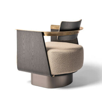 Superior Shake Boston lounge chair with curved ash block wood, burnished brass accents and neutral beige upholstery