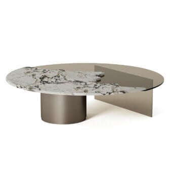 Distinguished Shake Capri coffee table with honed white marble and tempered glass top supported by a muted metallic cylindrical base