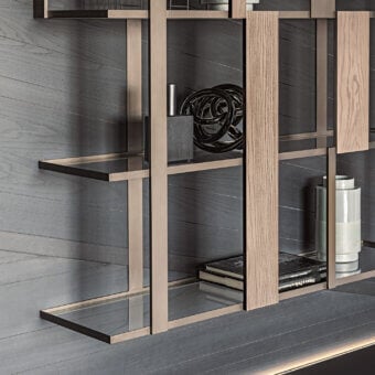 Superior Shake Dall sideboard bookcase with varnished steel, solid ash wood slats and tempered glass shelves