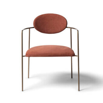 Exceptional Shake Eden armchair with terracotta acrylic fibre upholstery and varnished steel with curved ash-wood backrest