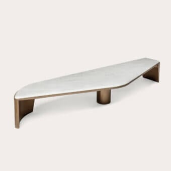 Distinguished Shake Ego coffee table with polished marble top and golden-bronze metal frame in a satin finish