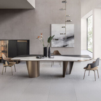 Distinguished Shake Ego table with sculpted plywood legs and a blockboard ash wood tabletop featuring a textured stoneware insert in gray-white and bronze