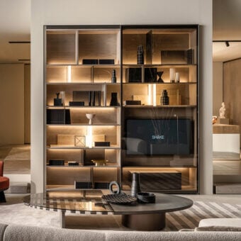 Architectural Shake Elle TV stand crafted from blockboard ash wood with a warm satin finish and illuminated horizontal LED profiles