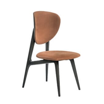 Exceptional Shake Fun chair with solid ash wood frame, reddish-brown woven fabric upholstery, and curved plywood backrest