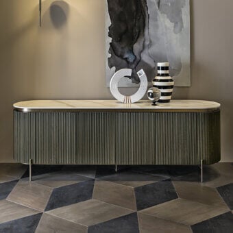 Distinguished Shake Hege sideboard with oval form, vertically ribbed solid ash block board built in muted olive green and stoneware top