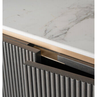 Elegant Shake Hege sideboard crafted with fluted solid ash block board and natural marble, with satin varnished steel legs and plates