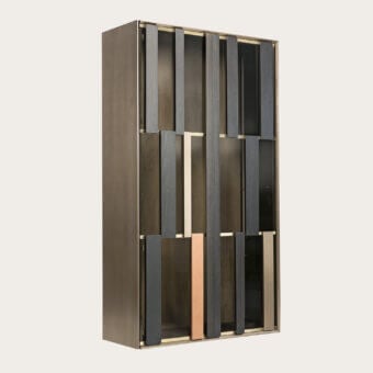 Elegant Shake Hide bookcase with ash wood and MDF, finished in dark brown satin varnish with brass profiles and glass doors
