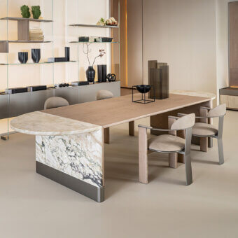 Exceptional Shake Mayfair table with solid ash wood and honed Breccia Capraia marble inserts crafted in Italy