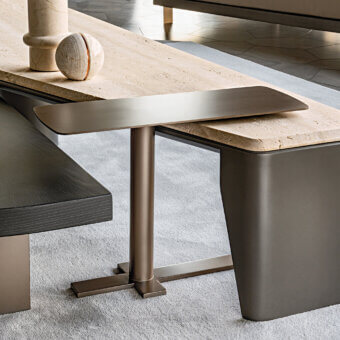 Superior Shake Park side table crafted in varnished steel with a dark metal tabletop and lighter textured base