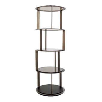 Refined Shake Sahara bookcase with varnished steel frame and blockboard ash wood base, displaying transparent tempered glass shelves in bronze tone with satin finish
