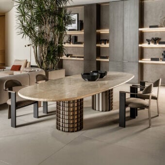Elegant Shake Vogue table with oval beige marble top and varnished steel with solid ash wood base