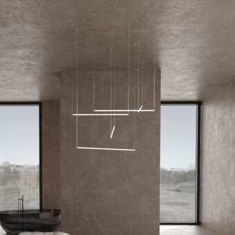 Distinguished Stillux Line 5 suspension lamp crafted in metal with a matte finish and horizontal tubes emitting a warm glow