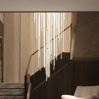 Exceptional Stillux Line 8 suspension lamp with vertical LED tubes in pale gold or brass tone and smooth satin finish