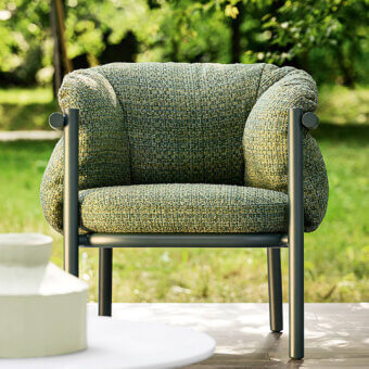 Exceptional Varaschin Allegra lounge chair crafted with aluminum and textured muted green fabric embodies Italian design