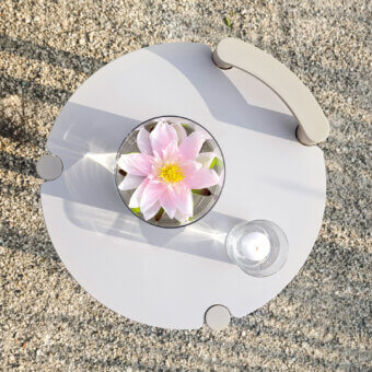 Refined Varaschin Allegra side table with painted aluminum frame and tabletop in a smooth light gray finish
