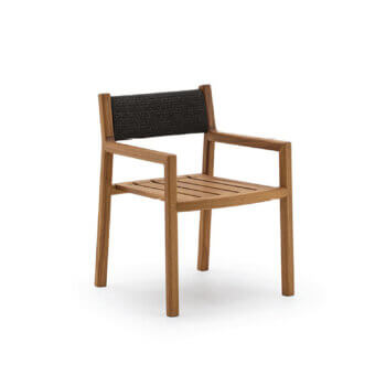 Superior Varaschin Gianna dining armchair crafted in Iroko wood with mat Desert finish and dark gray woven backrest