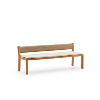 Elegant Varaschin Gianna bench crafted in durable Iroko wood with satin finish and light-beige cushion woven backrest