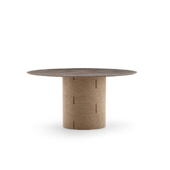 Exceptional Varaschin Gianna table with cylindrical aluminum base and dark muted gray-brown HPL tabletop in matte Desert finish