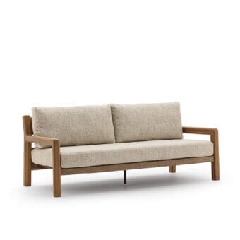Refined Varaschin Gianna sofa built with aluminum and Iroko wood, upholstered in neutral beige textile with a Desert-toned mat