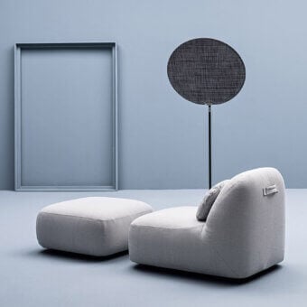 Distinguished Varaschin Reuse outdoor sofa crafted with okumè wood and light grey matte woven hemp fabric upholstery
