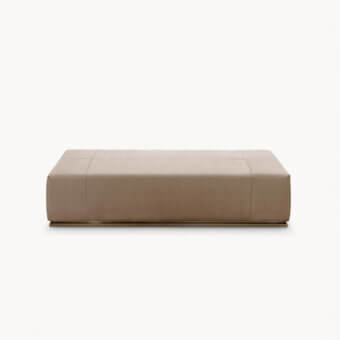 Superior Visionnaire Aubade bench with refined beige fabric upholstery and satin metal base
