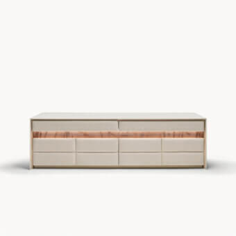 Exceptional Visionnaire Aubade sideboard crafted in beige leather with quilted drawer fronts and marble accents