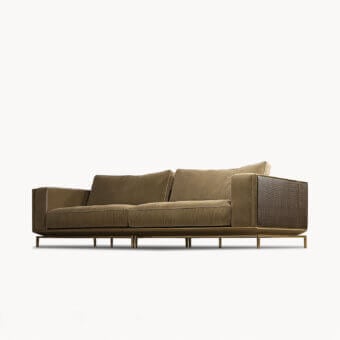 Exclusive Visionnaire Backstage sofa with muted olive green fabric upholstery and intricately braided leather detailing in satin steel