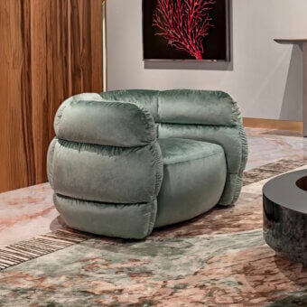 Lavish Visionnaire Bomber lounge chair fully upholstered in textured dusty teal textile with multilayer wood and solid fir frame