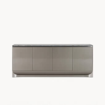 Exclusive Visionnaire Ca' Foscari sideboard with taupe high-gloss lacquered MDF and multilayer wood built with a marble top and satin steel frame