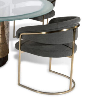 Superior Visionnaire Clem armchair with muted gray premium fabric upholstery and polished golden tone chrome brass frame