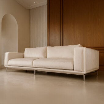 Distinguished Visionnaire Denzel sofa with light beige matte fabric upholstery and sleek satin stainless steel base