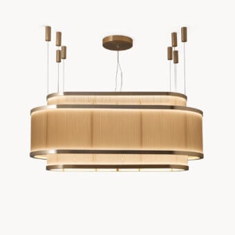 Elegant Visionnaire Giano suspension lamp in layered oval form with satin steel and PVD gold finished borosilicate glass tubes