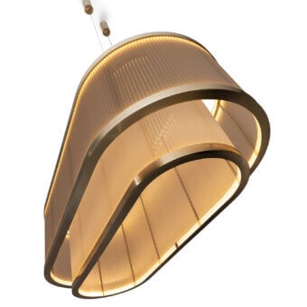 Exclusive Visionnaire Giano suspension lamp in layered oval silhouette with warm gold PVD coated finish and satin steel frame