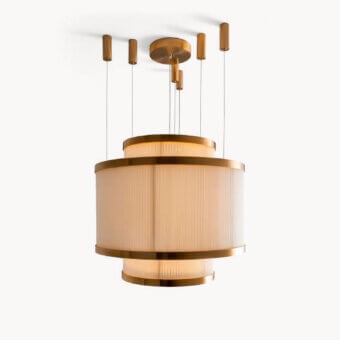 Architectural Visionnaire Giano suspension lamp with a satin steel frame and Pyrex glass rods in warm golden tones