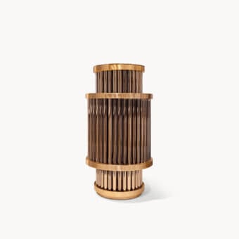Superior Visionnaire Giano table lamp with a satin steel frame and borosilicate glass rods in PVD gold finish
