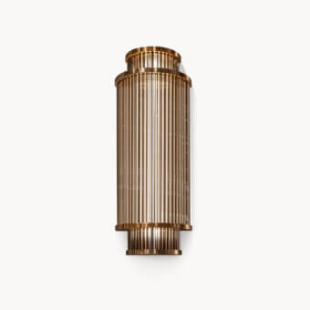 Lavish Visionnaire Giano Wall Applique, a sculptural lamp built with satin steel and warm golden-brown borosilicate glass rods