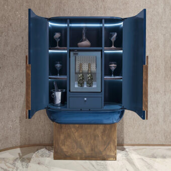 Exceptional Visionnaire Siona bar cabinet with curved form built in wood, metal and soft microfiber with satin finish