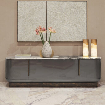 Distinguished Visionnaire Siona sideboard crafted from multilayer wood with muted gray lacquered finish and shaped marble top with brass handles