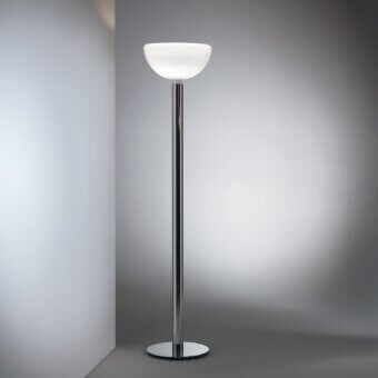 Exceptional Nemo AM2 floor lamp crafted in polished silver metal with a softly diffused frosted glass lampshade